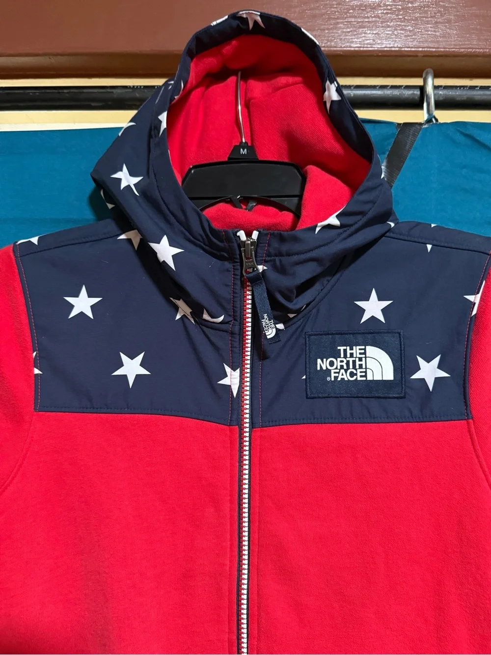 The North Face 2018 Olympic, Red Fleece Hoodie with Navy Star Yoke
